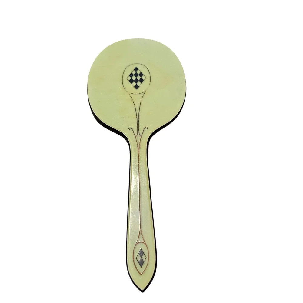 Vintage Art Deco Sage Green‎ Celluloid Handheld Mirror Harlequin Diamond Inlay